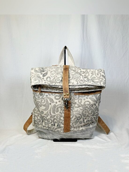 Myra Gray Canvas Cowhide Leather Furry Fold Over Backpack Duffle Bag/Wristlet main image 7